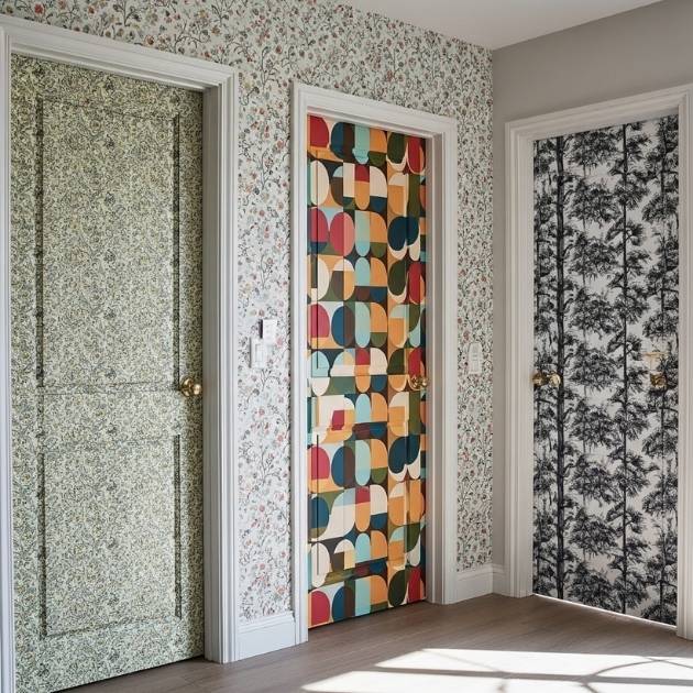 Add a pop of surprise with wallpapered doors that delight