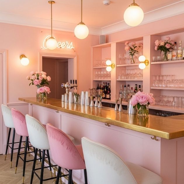 Add a soft touch to your bar with pastel pink hues that invite warmth and joy.
