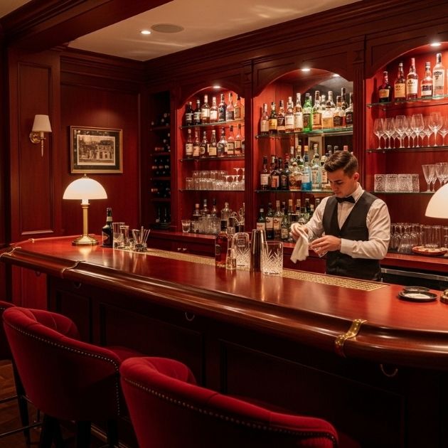 Deep red hues create a cozy and luxurious atmosphere for your home bar.
