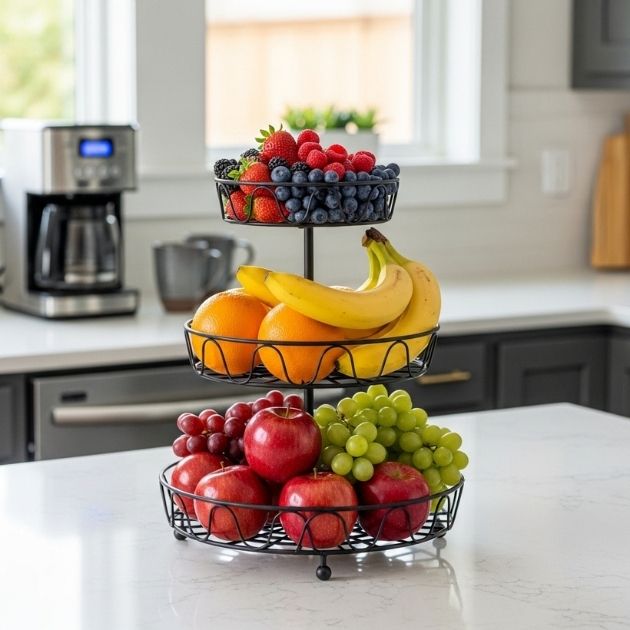 Elevate your countertop with a tiered fruit display that maximizes space and style.