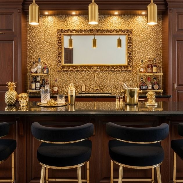 Incorporate golden accents to add a touch of glamour to your bar