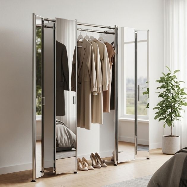 Mirror-Panel Display Clothes Rack