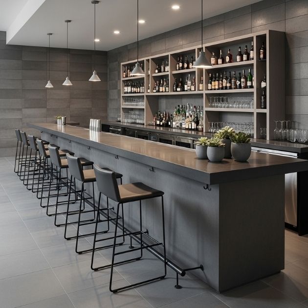 Neutral gray tones are perfect for a modern and sophisticated bar