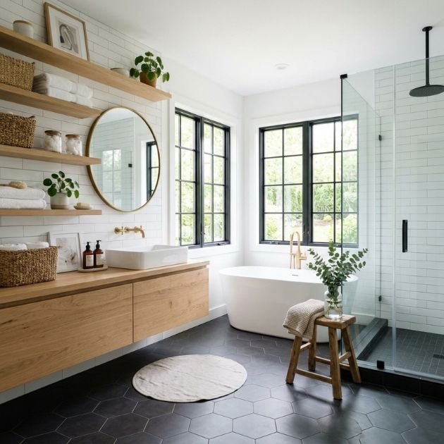 Open shelves keep the space light and airy, even with dark floors.