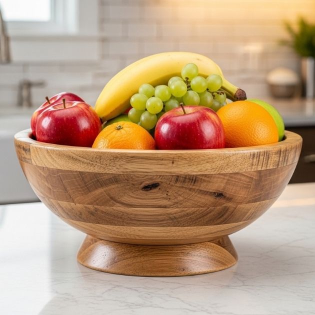 rustic wooden fruit bowl that complements any kitchen style
