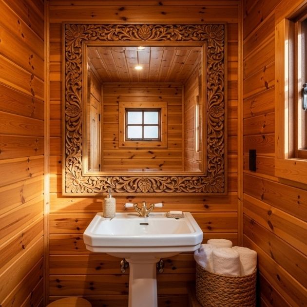 A large oak-framed mirror bounces light around wood walls, making a tiny cabin bath feel bigger.
