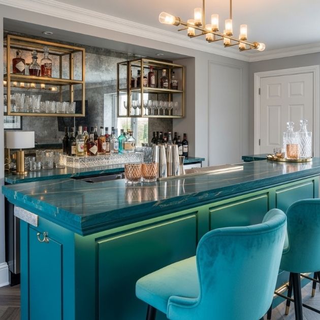 rich teal color can add a pop of personality to your bar