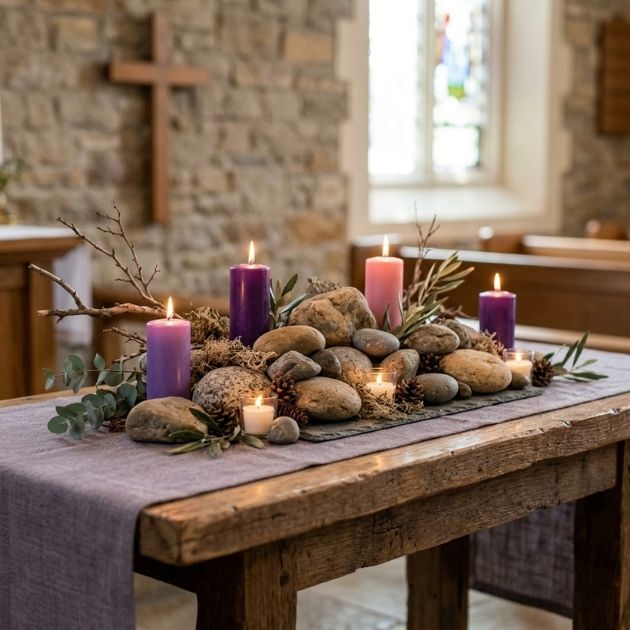 Altar Centerpiece with Rocks and Candles