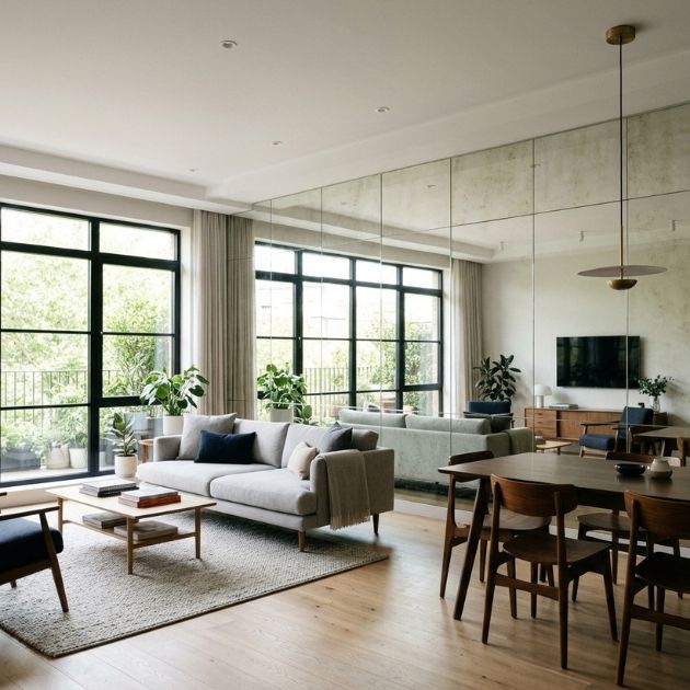 Mirrored panels enhance light and space, creating a brighter, more expansive room.